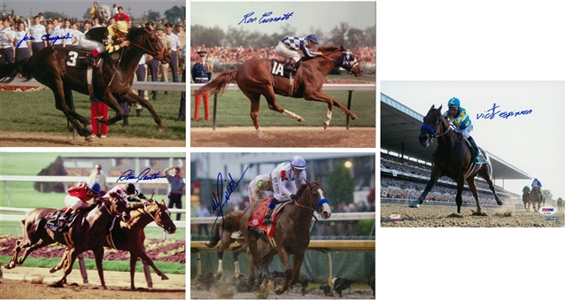 Lot of (5) Triple Crown Winner Signed 8 x 10 Photos Including Ron Turcotte, Jean Cruguet, Steve Cauthen, Victor Espinoza, and Mike Smith (PSA/DNA & Beckett PreCert)